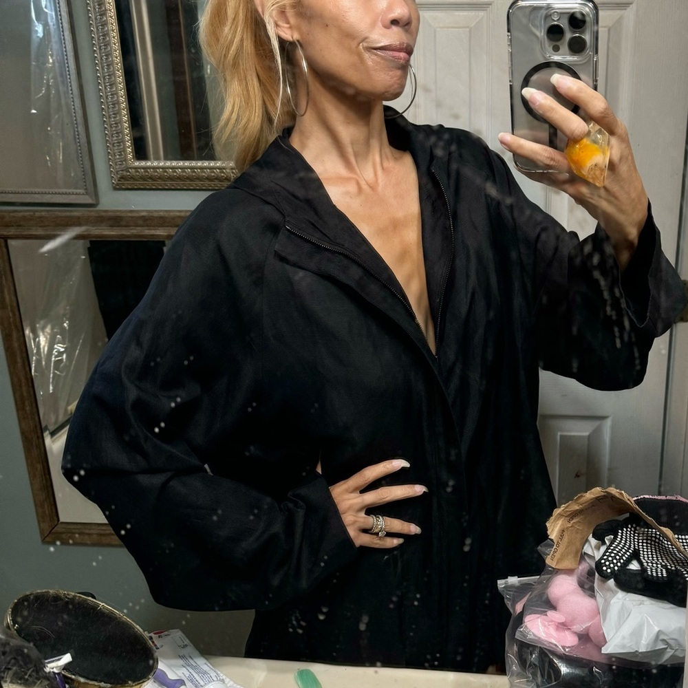 Vtg Donna Karan silk linen jacket hoodie top black signature L hidden pockets